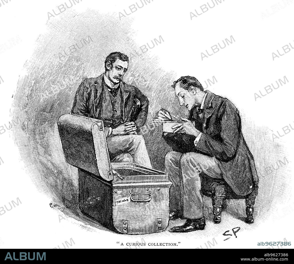 SIDNEY E PAGET. The Adventure of the Musgrave Ritual:  Dr Watson watching Sherlock Holmes going through the mememtoes of his old cases. Illustration by Sidney E. Page, the first artist to draw Sherlock Holmes, for the story published in The Strand Magazine, London.