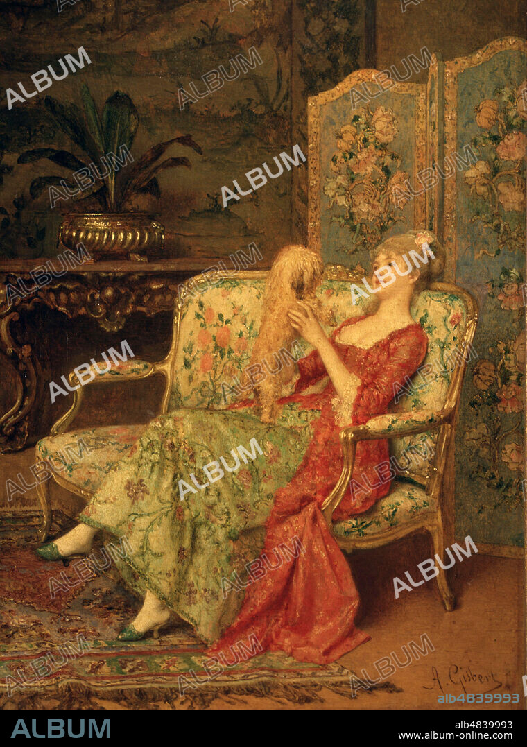 GISBERT, ANTONIO. PINTOR ESPAÑOL. ALCOY 1835-1901. " DAMISELA CON PERRITO ", OLEO. MUSEO BELLAS ARTES. LA HABANA.