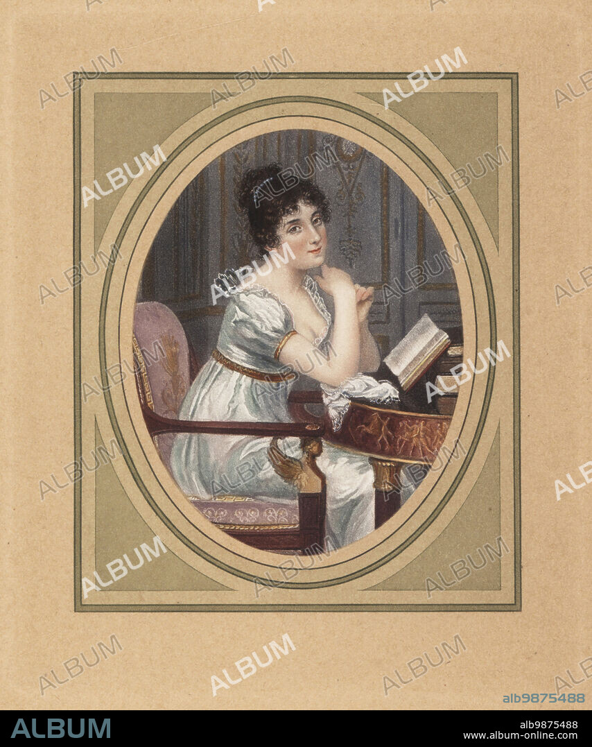 Madame Carlotta Gazzani, Charlotte Rose Bartani, Italian writer, 1789-1827. Lectrice or reader to the Empress Josephine, she had an affair with Napoleon Bonaparte in 1805. After a miniature by Jacques Augustin. Colour mezzotint by Michel Manzi and Maurice Joyant from Frederic Massons Napoleon et les Femmes, Napoleon and the Fair Sex, Goupil, Paris, 1906.