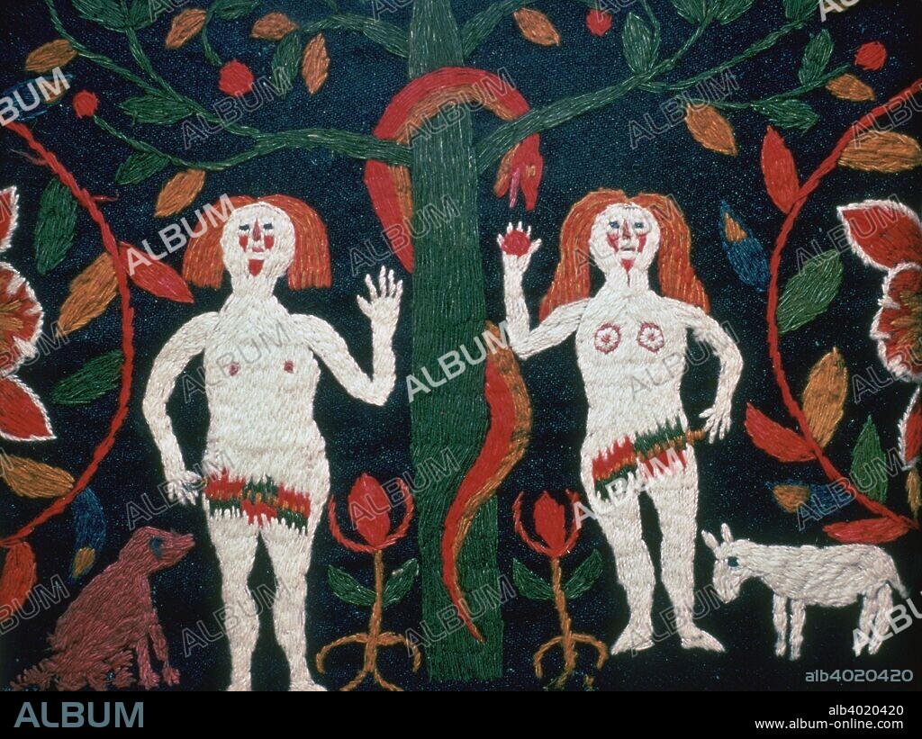 Swedish embroidery of Adam, Eve, and the serpent at Nordiska Museum in Stockholm, 19th century.