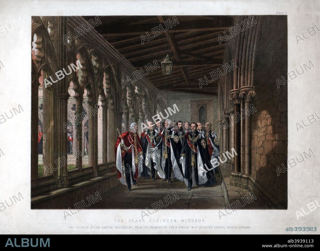 'The Dean's Cloister, Windsor', 10 March 1863. The Knights of the Garter proceeding from the deanery to the stalls in St George's Chapel.