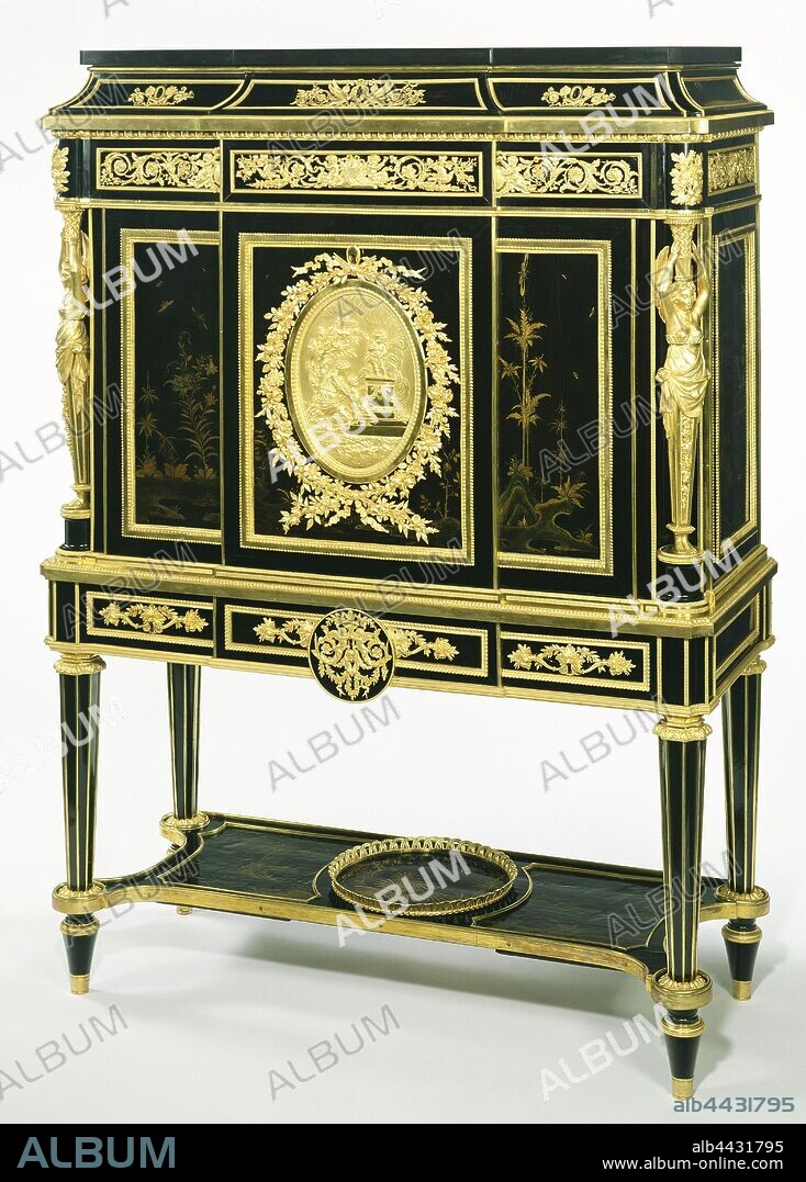 Secrétaire, Attributed to Jean-Henri Riesener (French, 1734 - 1806 (master 1768), fournisseur du garde-meuble royal 1774 - 1784), Paris, France, about 1785, Oak veneered with panels of Japanese lacquer and ebony, interior fittings of mahogany, gilt bronze mounts, black marble top, 154.9 × 113 × 46.7 cm (61 × 44 1/2 × 18 3/8 in.).