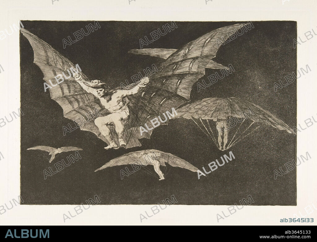 Plate 13 from the 'Disparates': A Way of Flying. Artist: Goya (Francisco de Goya y Lucientes) (Spanish, Fuendetodos 1746-1828 Bordeaux). Dimensions: Plate: 9 5/8 × 13 7/8 in. (24.5 × 35.3 cm)
Sheet: 13 3/16 × 19 1/16 in. (33.5 × 48.4 cm). Series/Portfolio: Los Disparates (Los Proverbios). Date: ca. 1816-23 (published 1864).
From the posthumous first edition published by the Academia de San Fernando in Madrid in 1864 under the title 'Los Proverbios'.