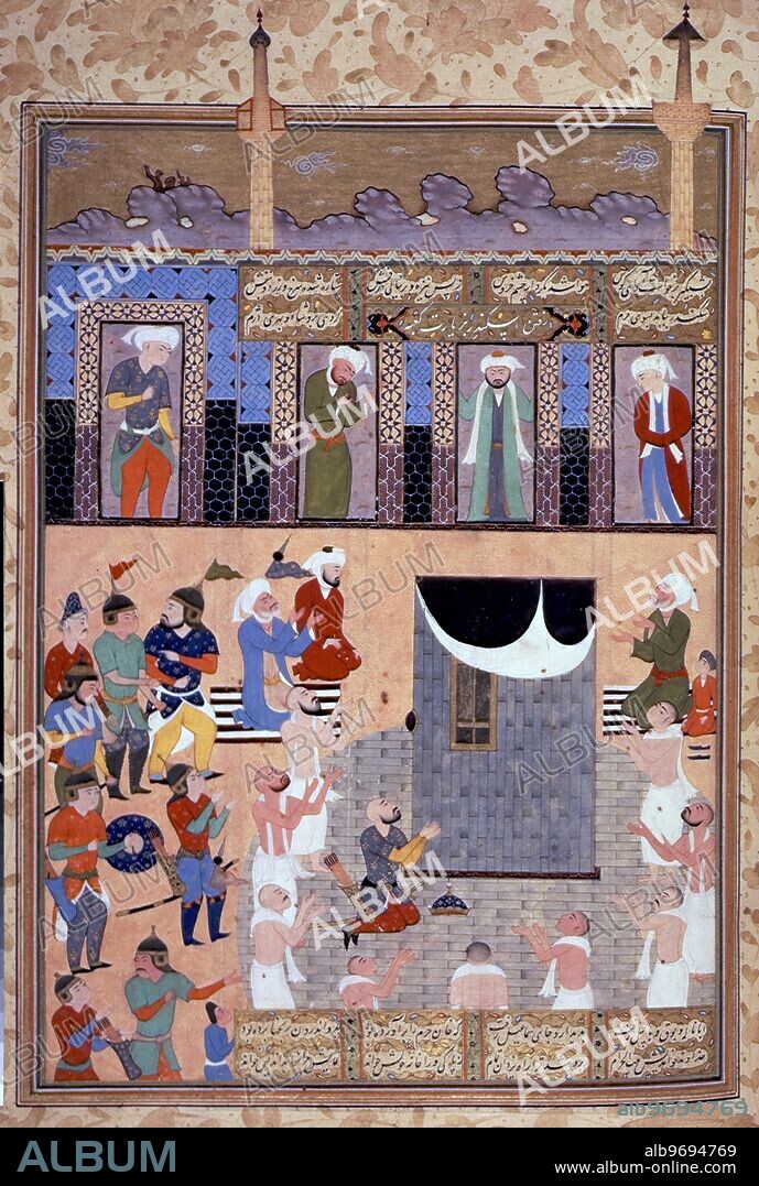 Iskandar visiting the Kaaba, 1580-1600. Persian miniature painting from a sixteenth century manuscript of the epic poem of the 'Shahnama' by Firdawsi.