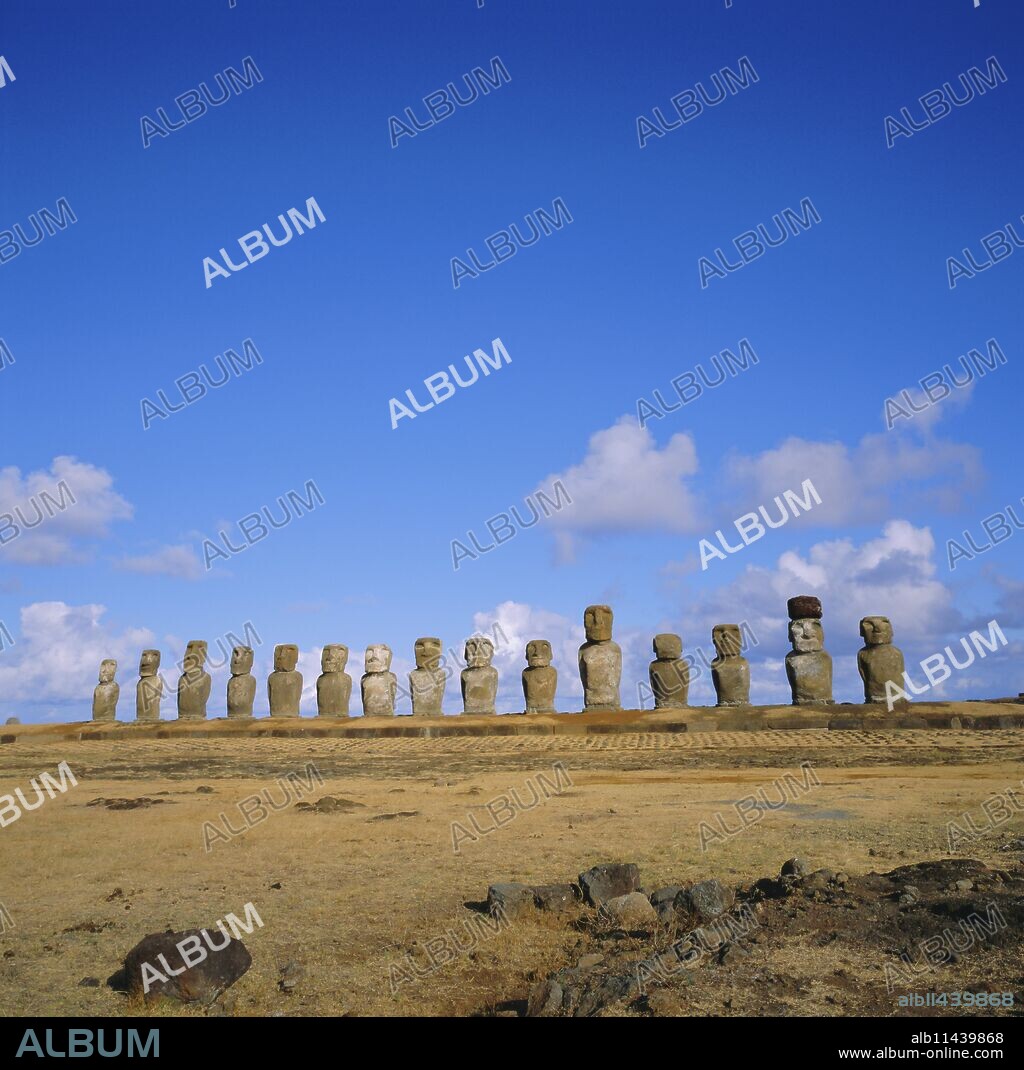 Line of statues, Ahu Tongariki, Easter Island, Chile.