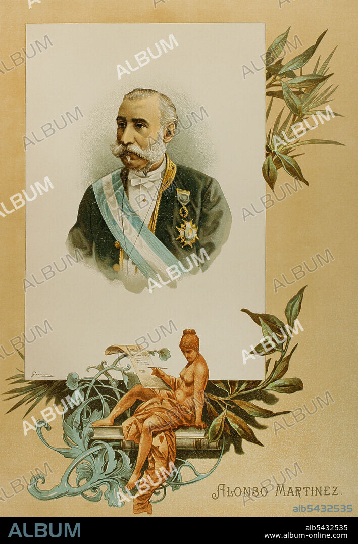 Manuel Alonso Martínez (1827-1891). Jurista y político español. Presidente del Congreso de los Diputados en 1889. Ministro de Fomento, Hacienda y Gracia y Justicia. Uno de los principales redactores del Código Civil español. Retrato. Cromolitografía. Historia General de España, por Miguel Morayta. Tomo VIII. Madrid, 1894.