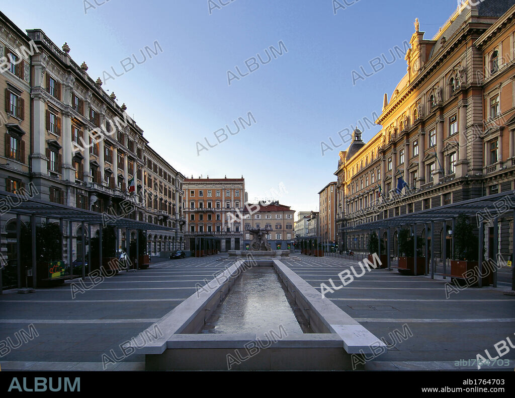 Piazza Vittorio Veneto, Trieste, by Unknown Artist, 1799 post, 18th Century-19th Century,. Italy, Friuli Venezia Giulia, Trieste, Piazza Vittorio Veneto. All. Axial view Piazza Vittorio Veneto Borgo Franceschino city Trieste palaces buildings stone paving pavement basin Fountain of the Tritons and the Nereids Nereidi.