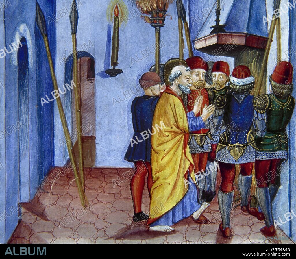 San Pedro es conducido prisionero ante Anás, el sumo sacerdote. Página miniada del Códice de Predis. Renacimiento-Quattrocento (siglo XV). Biblioteca Real. Turín. Italia.