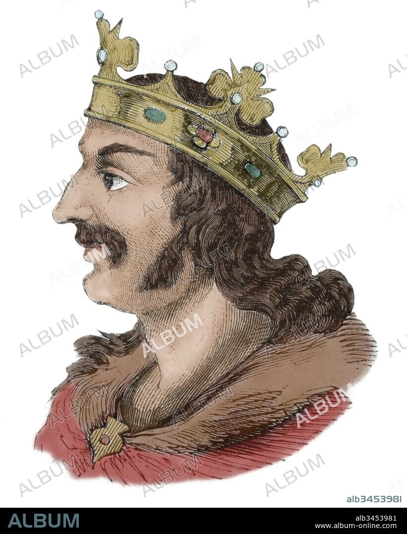 Favila (Asturias,715-Cangas de Onís,739). Rey de Asturias (737-739), hijo y sucesor de Pelayo. Grabado coloreado.