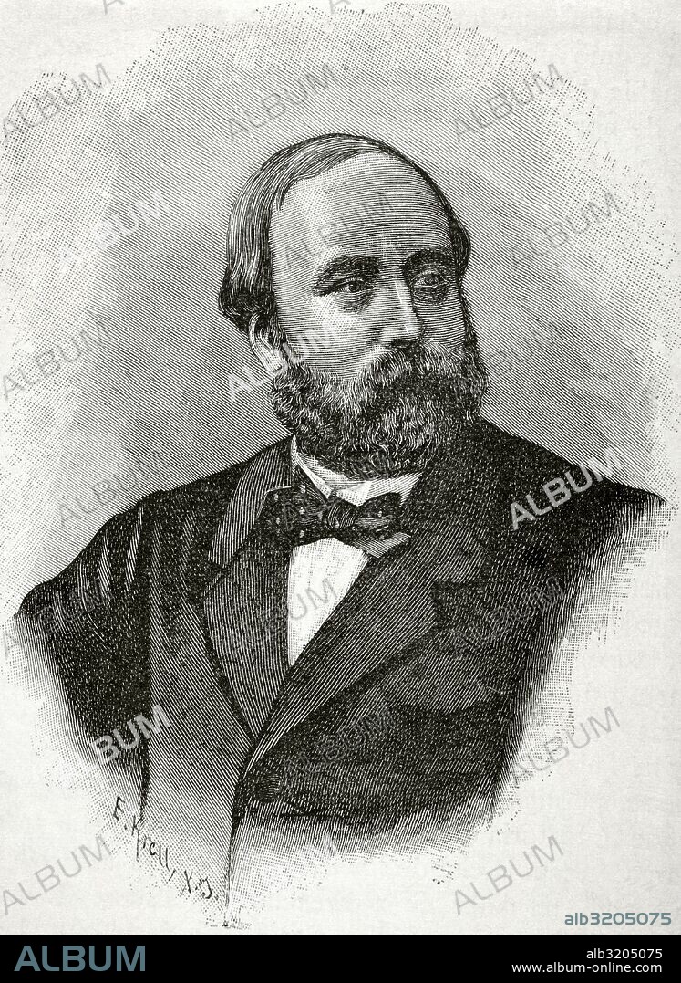 Enrique de Francia, Conde de Chambord (1820-1883). Príncipe real francés y considerado Enrique V de Francia por sus partidarios (1830-1883) tras la abdicación de aquél. Retrato. Grabado por E. Krell. Historia Universal, 1885.