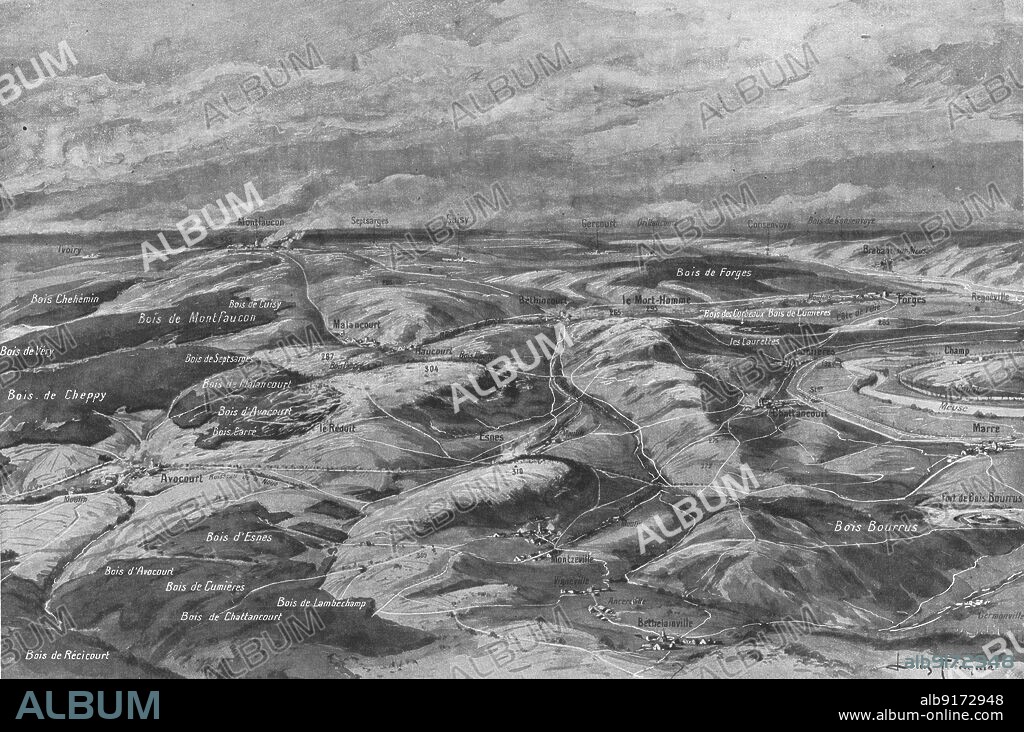 L. TRINQUIER. 'Le champ de bataille de la cote 304 et du Mort-Homme', 1916. From "Collection de la Guerre IV. L'Illustration Tome CXLVII. La Guerre Janvier, Fevrier, Mars, Avril, Mai, Juin 1916".