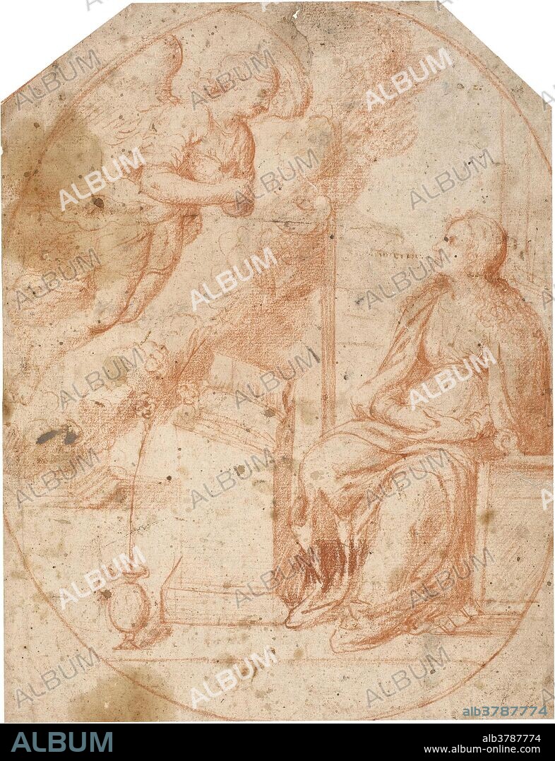 Anonymous / 'The Annunciation'. 1650 - 1700. Red chalk on dark yellow paper.