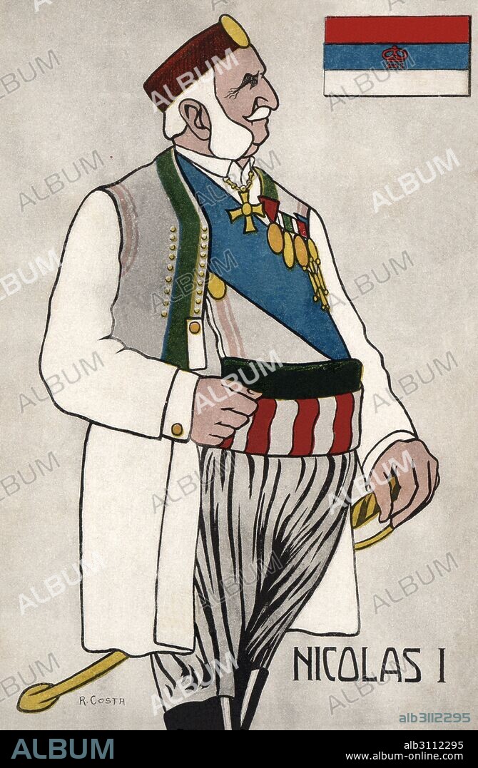 R. COSTA. Nicolás I Mirkov Petrovic-Njegos (1841-1921), rey de Montenegro. Caricatura. Tarjeta postal, año 1914.