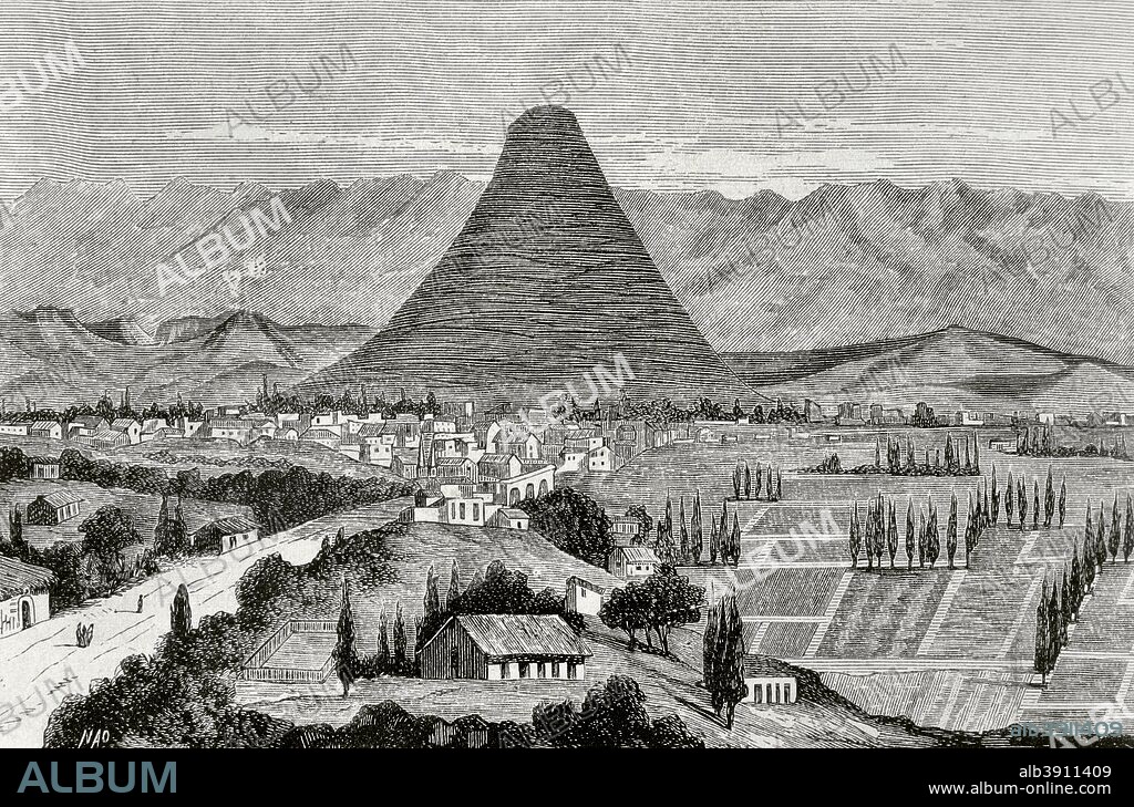 América del Sur. Perú. Valle de Arequipa. Volcán Misti. Cordillera de los Andes. Vista tomada desde la altura de Yanahuara. Dibujo por Manuel Nao (1843-1884) Grabado. La Ilustración Española y Americana, 15 de julio de 1876. Biblioteca Histórico Militar de Barcelona. Cataluña, España.