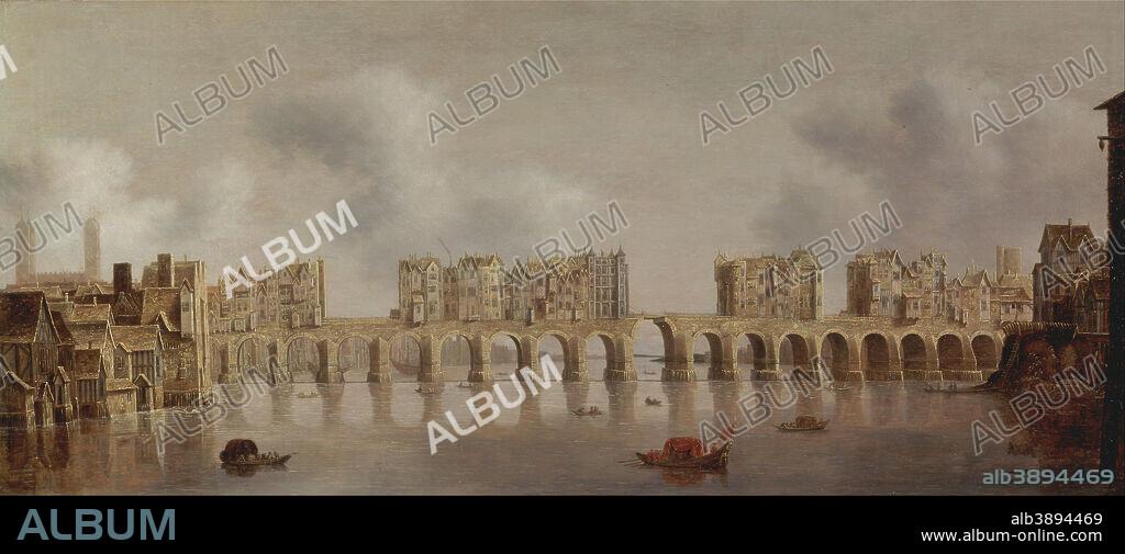 CLAUDE DE JONGH. View of London Bridge. Date/Period: Ca. 1632. Painting. Oil on panel. Height: 489 mm (19.25 in); Width: 1,092 mm (42.99 in).