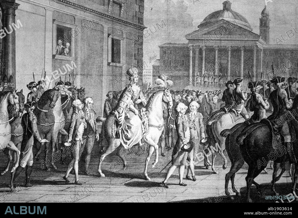 Catalina II de Rusia (1729-1796) llamada la Grande. Escena en que es reconocida como Emperatriz de todas las Rusias en 1762.