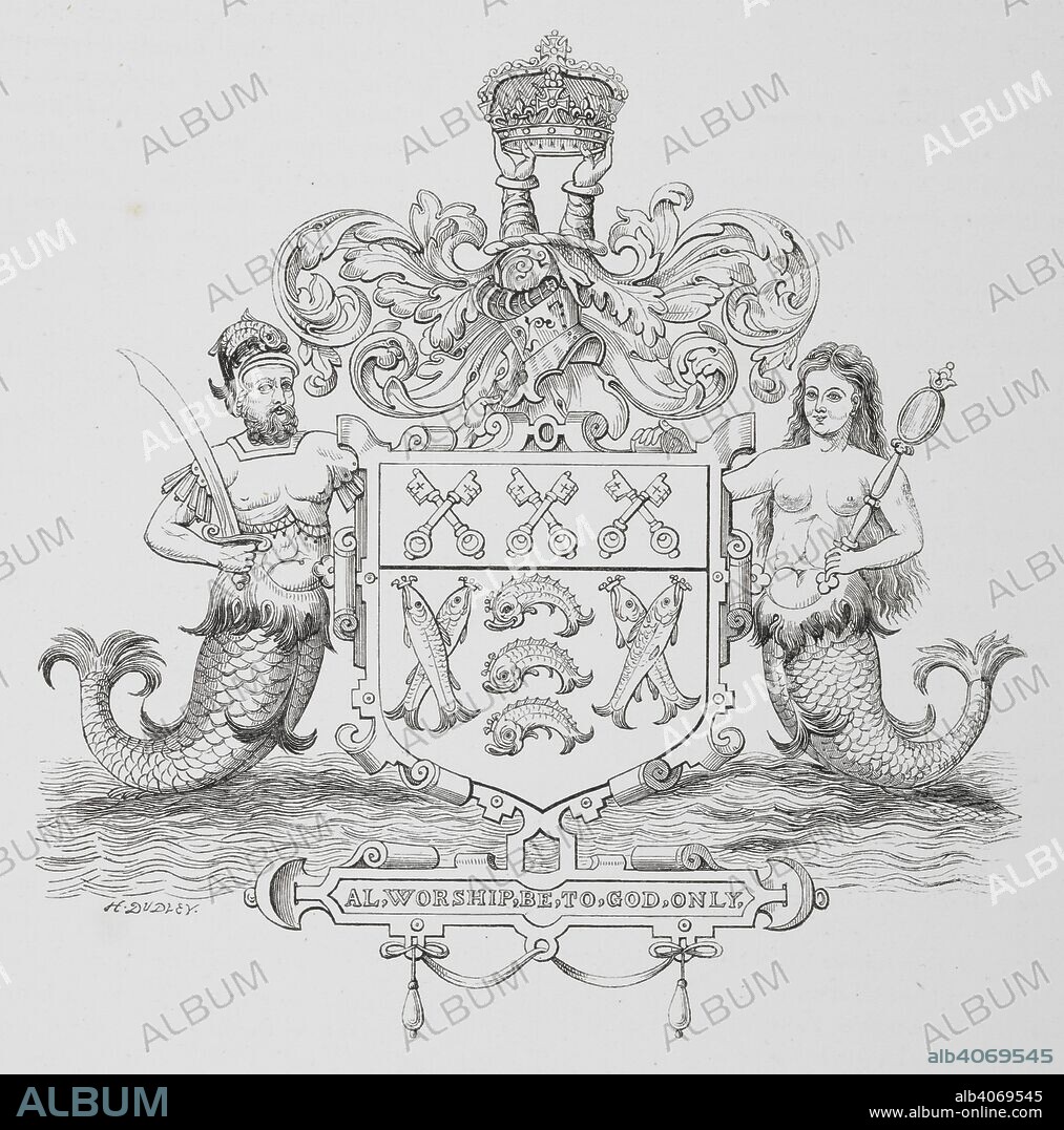 ANTHONY MUNDAY und H DUDLEY. Crest of the Worshipful Company of Fishmongers. The Fishmongers' Pageant on Lord Mayor's Day, 1616. Chrysanaleia, or the Golden Fishing, devised by Anthony Munday, ... Represented in twelve plates by Henry Shaw, ... from contemporary drawings in the possession of the Worshipful Company of Fishmongers. Accompanied with an historical introduction, and an appendix of various illustrative documents, by J. G. Nichols, ... [London]: Printed for the Worshipful Company of Fishmongers, 1859 J. B. Nichols and Sons, printers. Source: HS.74/1989 Title Page.