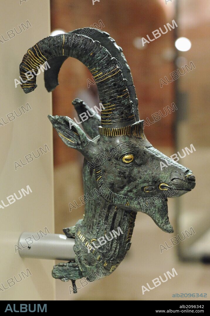 Head of an ibex of a sacred barque. Dynasty 21. Third Intermediate Period. 1070-946 BC. Bronze with gold. Neues Museum. Berlin. Germany.