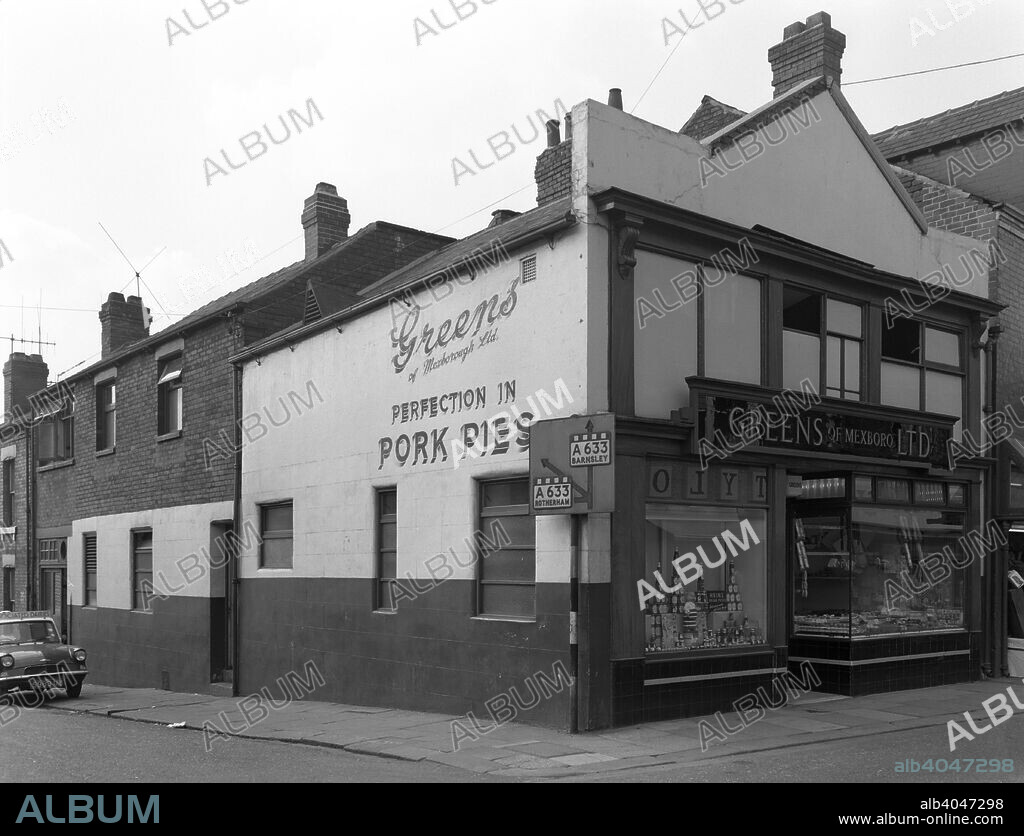 Green's of Mexboro Ltd, shop in Mexborough, South Yorkshire, 1963. A photograph commissioned by Associated Diaries Ltd showing Mr Fred Green's corner shop in Mexborough. Mr Green traded in the South Yorkshire area for many years, eventually selling the business to the Co-op. Mr Green left a substantial sum to Mexborough's Montague Hospital in his will which funded a new wing of the hospital. Mexborough's bypass was later renamed in his memory. A Ford Anglia from Associated Dairies can be seen parked in the side street.