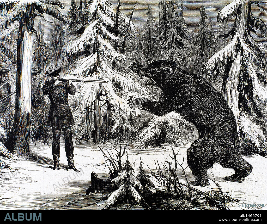 HISTORIA DE LA RUSIA ZARISTA (SIGLO XIX). ARISTOCRACIA RUSA DURANTE UNA CACERIA DE OSOS. Grabado de "La Ilustración Española y Americana" (año 1875) .