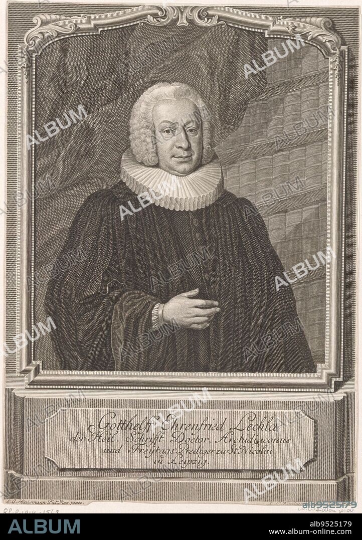 Portrait of Gotthelf Ehrenfried Lechla, Johann Martin Bernigeroth, after Elias Gottlob Haußmann, 1748, print maker: Johann Martin Bernigeroth, (mentioned on object), after: Elias Gottlob Haußmann, (mentioned on object), 1748, paper, engraving, h 232 mm × w 163 mm.
