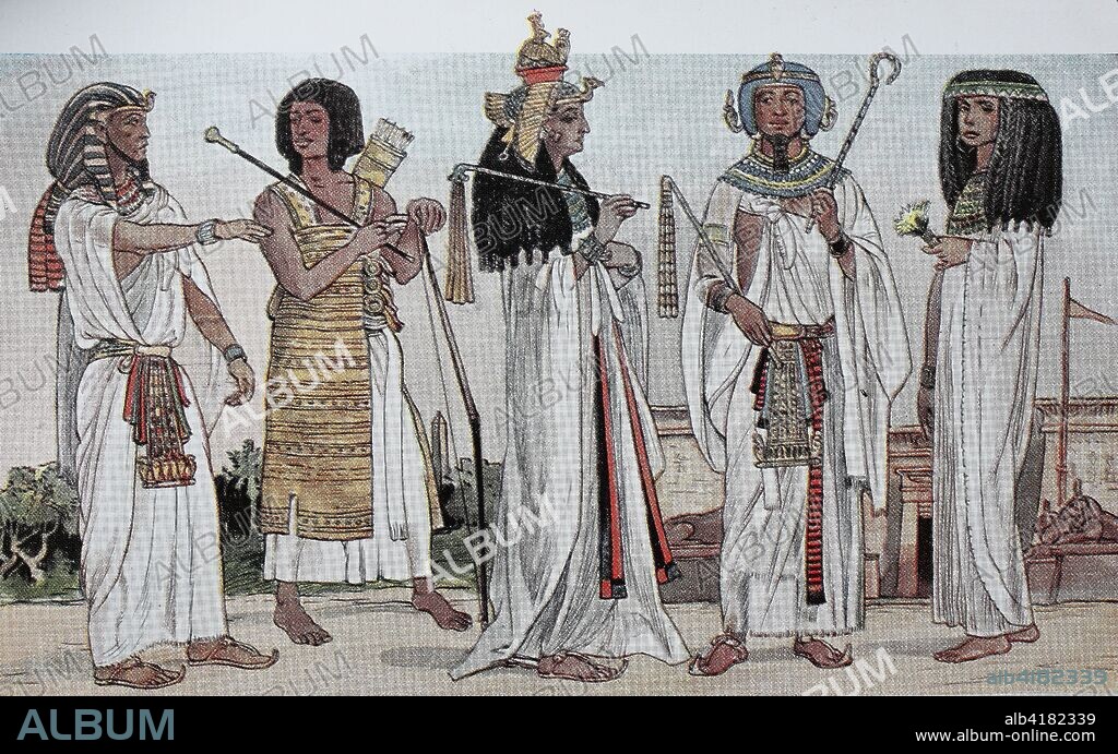 Clothing in Ancient Egypt, New Kingdom 1600-1100 BC, from the left, the king with the headdress of the Uraeus snake, a servant or runner of the king, queen of the 19th dynasty, a king with blue wig, diadem with uraeus snake, artificial beard, collar, Belt ornament and two celts, and a princess with wig and ribbon, digital improved reproduction of an original print from the 19th century.