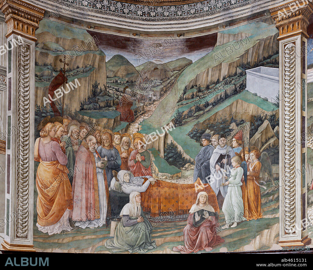 Spoleto, the Duomo (Cathedral of S. Maria Assunta), presbytery, tholobate: " Transit of Mary", fresco by Filippo Lippi, helped by Fra' Diamante and Pier Matteo d'Amelia, 1468-9. The three artists and Filippino (Filippo Lippi's son) are portrayed at the right.
