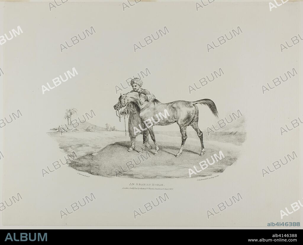 JEAN LOUIS ANDRÉ THÉODORE GÉRICAULT. An Arabian Horse, plate 8 from Various Subjects Drawn from Life on Stone. Jean Louis André Théodore Géricault (French, 1791-1824); printed by Charles Joseph Hullmandel (German and English, 1789-1850); published by Rodwell and Martin. Date: 1821. Dimensions: 170 × 335 mm (image); 377 × 495 mm (sheet). Lithograph in black on ivory wove paper. Origin: France.