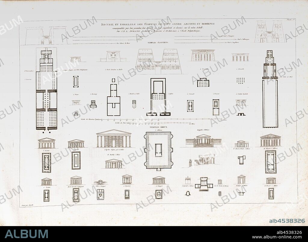 Egyptian Temples - Greek Temples in Athens, Plans and elevations of various Egyptian and Greek temples, Signed: Par J. N. L. Durand; Gravé par Reville, Pl. 1, p. 11, Durand, Jean-Nicolas-Louis Durand (dess.); Reville (gravé), Jean-Nicolas-Louis Durand: Recueil et parallèle des édifices de tout genre, anciens et modernes, remarquables par leur beauté, par leur grandeur ou par leur singularité, et dessinés sur une même échelle. Paris: chez l'auteur, 1801.