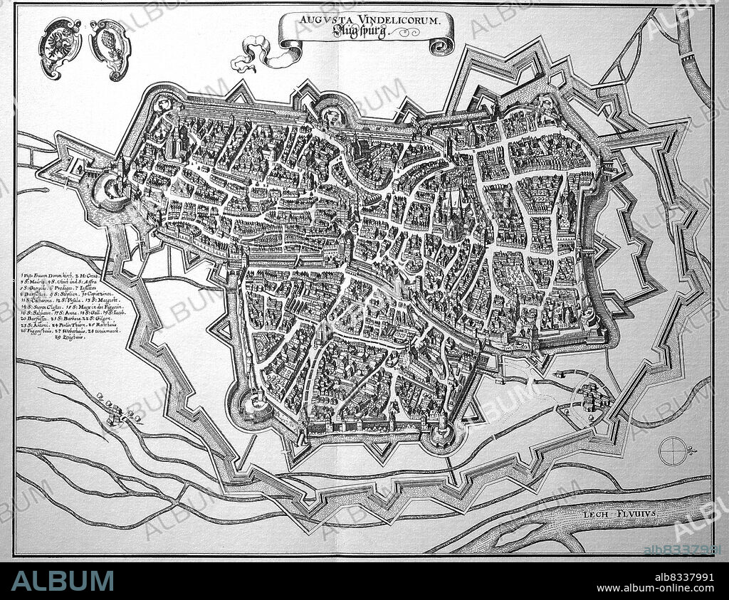 Augsburg, Stadtplan im Mittelalter, Schwaben, Bayern, Deutschland / Augsburg, city map in the Middle Ages, Swabia, Bavaria, Germany, historical, digital improved reproduction of an original from the 18th century / digital restaurierte Reproduktion einer Originalvorlage aus dem 18. Jahrhundert, genaues Originaldatum nicht bekannt.