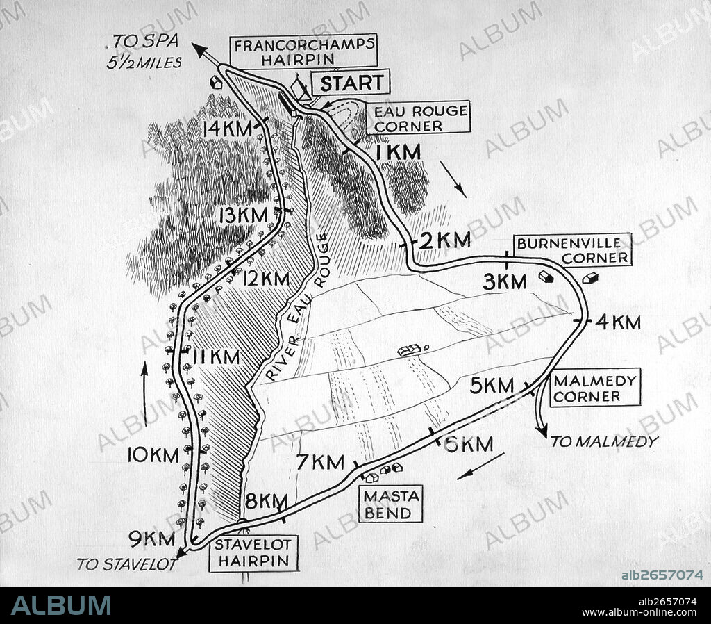 Map of the Spa Francorchamps circuit in Belgium, 1960s.