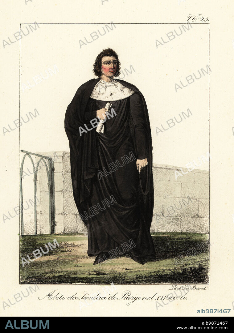 Costume of a mayor of Paris, 14th century. Black mantle over a black robe, broad ermine collar. Costume des Maires de Paris, pendant le 14th siècle. Handcoloured lithograph by Lorenzo Bianchi after Hippolyte Lecomte from Costumi civili e militari della monarchia francese dal 1200 al 1820, Naples, 1825. Italian edition of Lecomtes Civilian and military costumes of the French monarchy from 1200 to 1820.