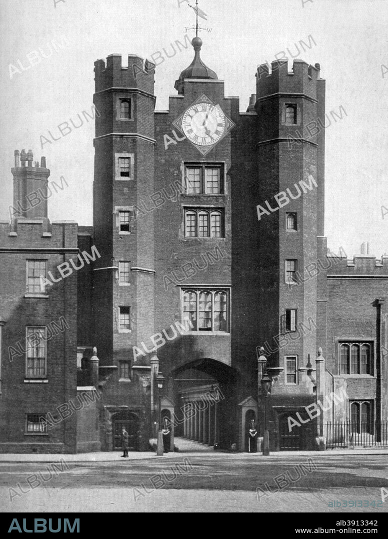 Gatehouse of St James's Palace, London, 1924-1926. Situated on the Mall just to the north of St James's Park, St James's Palace was commissioned by Henry VIII. It became the official London residence of the monarch in 1698, but lost that status after being damaged by fire in 1809. Today the palace remains the formal base of the Royal Court and is the residence of the Princess Royal and Princess Alexandra.  A print from Hutchinson's Britain Beautiful, edited by Walter Hutchinson, volume III, 1924-1926.