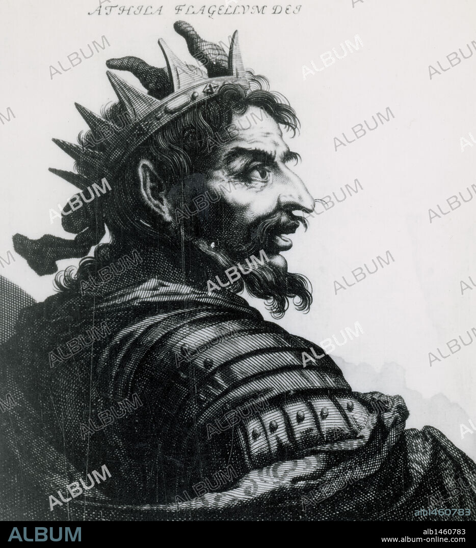 Attila (c. 385-453). Ruler of the Huns (434-453). Portrait. Engraving.