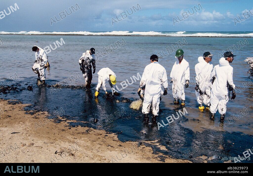 Cleanup crew at work after the Morris J. Berman oil spill, Punta Escambron, San Juan, Puerto Rico.