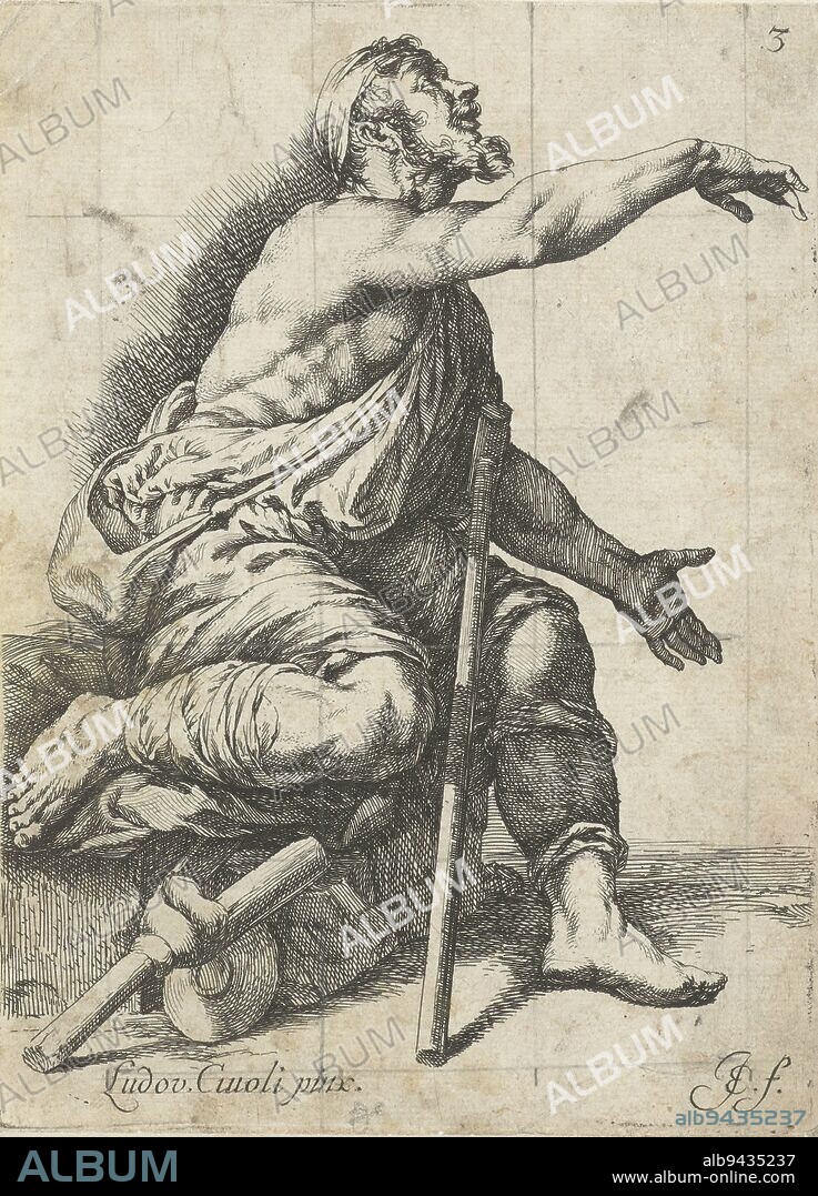 Seated man with a crippled leg. On the ground are his crutches, Man with a crippled leg Paradigmata graphices variorum artificum , print maker: Jan de Bisschop, (mentioned on object), Cigoli, (mentioned on object), Northern Netherlands, 1668 - 1671, paper, etching, h 170 mm × w 125 mm.