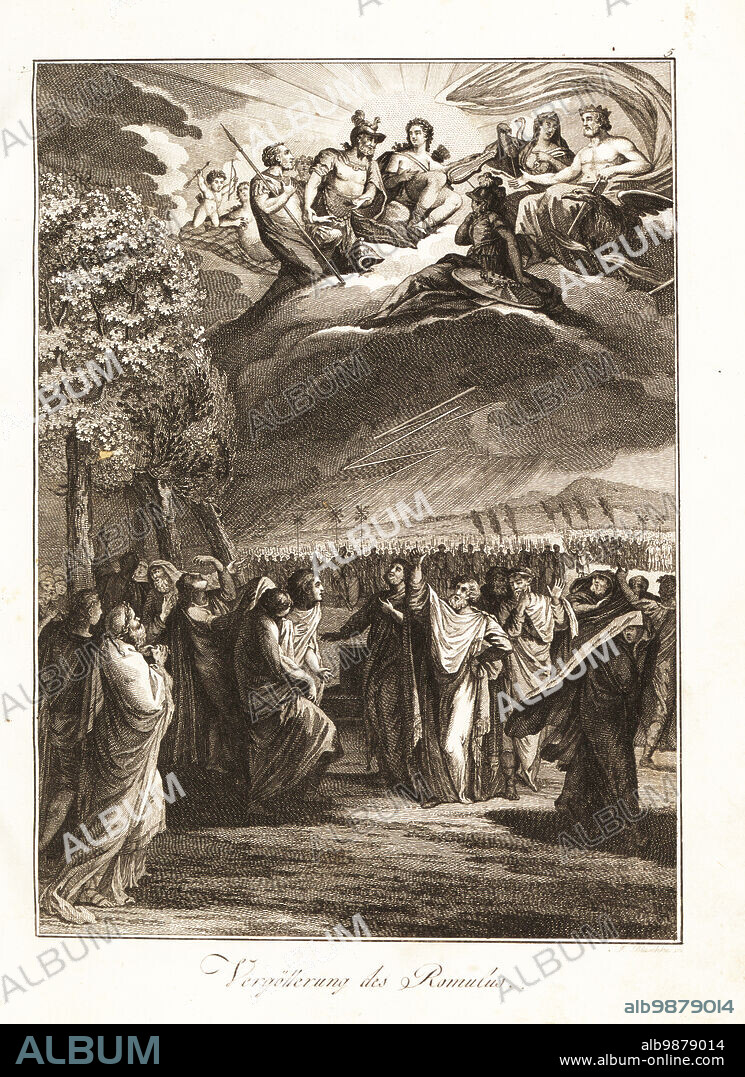 The apotheosis of Romulus, legendary founder and first king of Rome, 716 BC. Romulus disappears into a whirlwind while reviewing troops on the Campus Martius, and is raised up by Mars in front of Jupiter and Juno on a cloud. Apotheose de Romulus. Copperplate engraving by János Blaschke after a design by Gabriel de St. Aubin from Professor Joseph Rudolf Zappes Gemalde aus der romischen Geschichte, Pictures of Roman History, Joseph Schalbacher, Vienna, 1800. German edition of Abbe Claude Francois Xavier Millots Abrege de lHistoire Romaine.