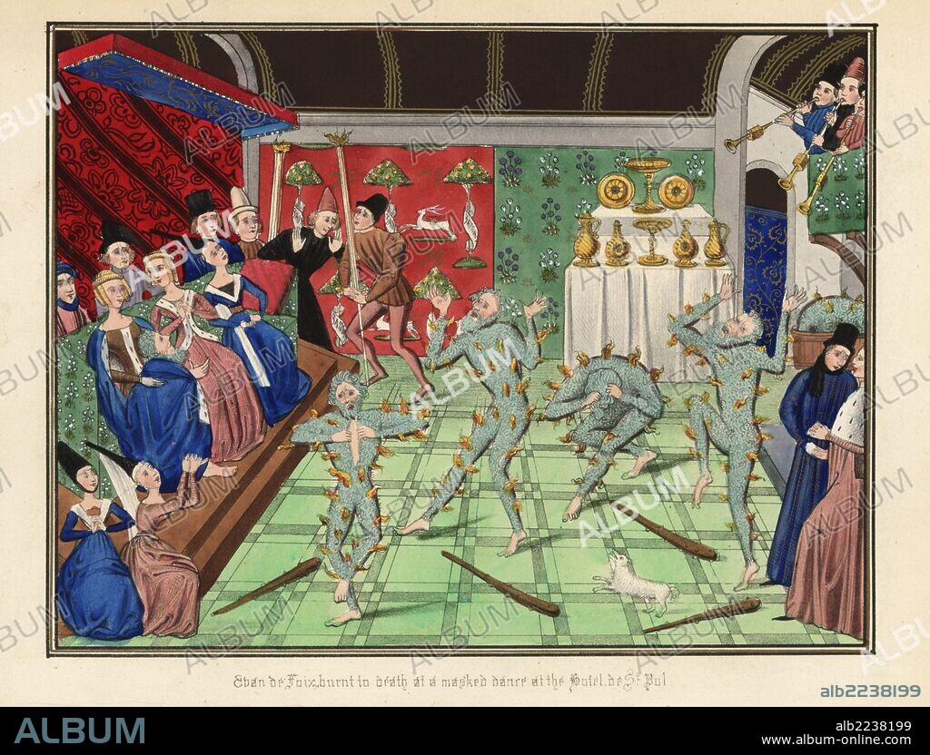 The Bal des Ardents, at the Hotel de St. Pol, 1393. Six men including King Charles VI dressed as wood savages in the masquerade, which ended in tragedy when their costumes caught fire. Evan de Foix and three other knights died. Handcoloured lithograph after an illuminated manuscript from Sir John Froissart's "Chronicles of England, France, Spain and the Adjoining Countries, from the Latter Part of the Reign of Edward II to the Coronation of Henry IV," George Routledge, London, 1868.
