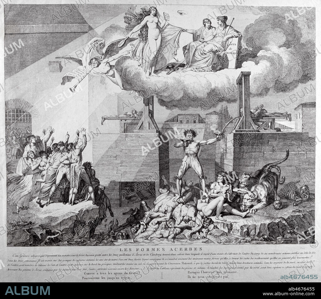 'Les formes acerbes. Cette gravure allegorique represente un monstre a forme humaine entre les deux guillotines d'Arras et de Cambrai, tenant deux calices dans lesquels il reçoit d'une main et s'abreuve de l'autre du sang de ses nombreuses victimes.... Guerre a tous les agents du crime. Pursuivons les jusqu'au trepas. Partagez l'horreur qui m'anime. Ils ne nous echaperont pas.' pendant la revolution francaise, XVIIIeme siecle. Credit: Cheuva / KHARBINE-TAPABOR.