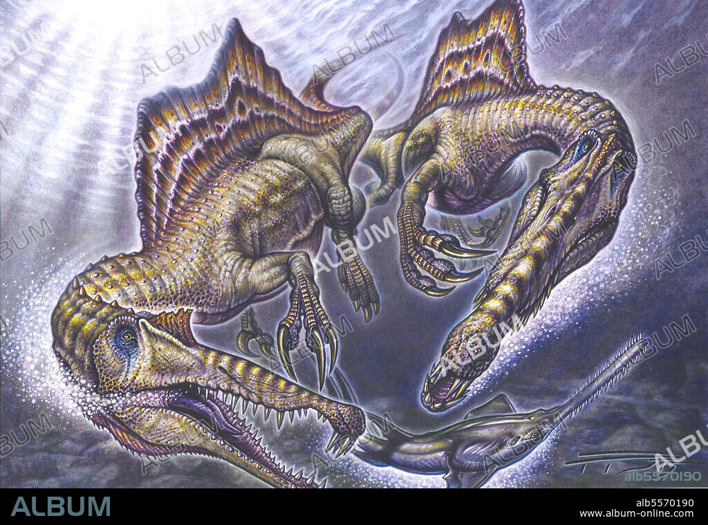 A pair of Spinosaurus aegyptiacus prey on an Onchopristis passing by. Acrylic painting with marten brushes.