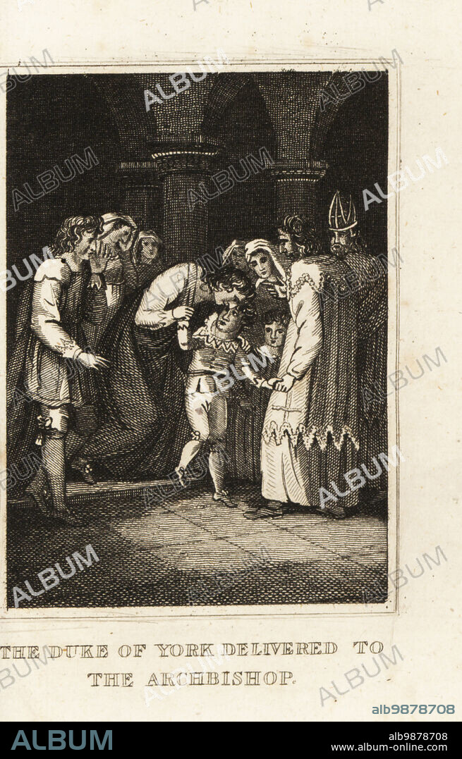 Prince Richard handed over to the archbishop of Canterbury, 1483. Elizabeth Woodville, Queen Dowager of Edward IV, forced to deliver her son Richard of Shrewsbury to Cardinal Thomas Bourchier. The Duke of York delivered to the Archbishop. Copperplate engraving from M. A. Jones History of England from Julius Caesar to George IV, G. Virtue, 26 Ivy Lane, London, 1836.