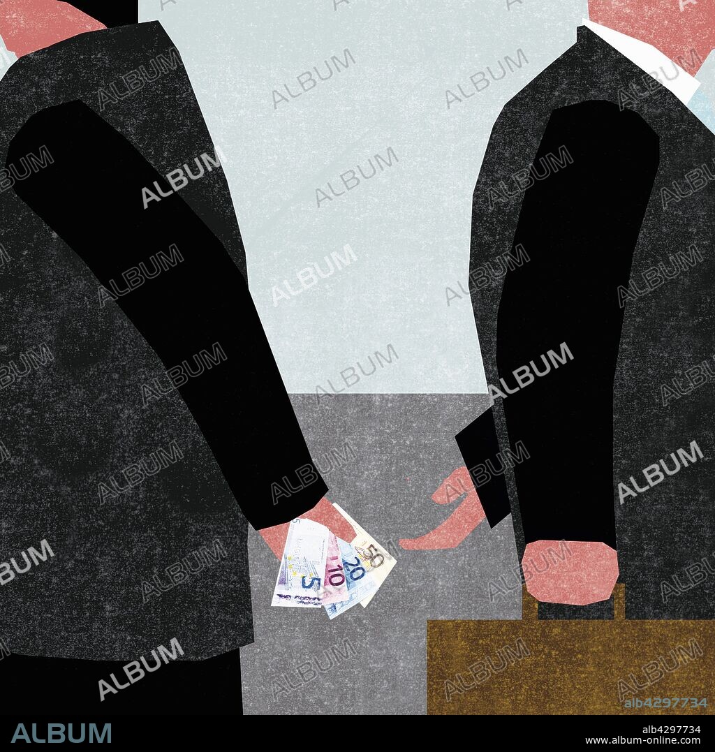 Stealthy businessman giving money to man behind back.