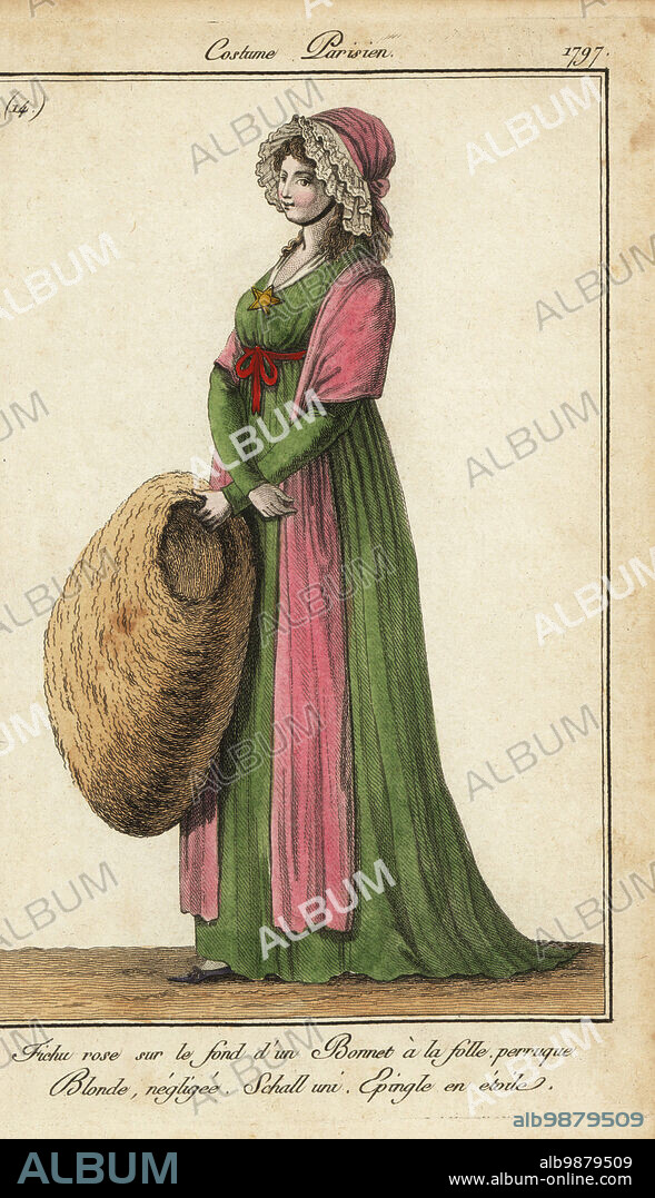 Woman in madwoman-style bonnet with huge fur muff, 1797. She wears a casual blonde wig with madwoman-style bonnet and pink kerchief. Pink shawl and a star-shaped pin. Fichu rose sur le fond d'un bonnet a la folle, perruque blonde, negligee. Schall uni. Epingle en etoile. Handcoloured copperplate engraving from Pierre de la Mesangeres Journal des Modes et Dames, Paris, 1797. The illustrations in volume 1 were by Carle Vernet, Claude Louis Desrais and Philibert Louis Debucourt.