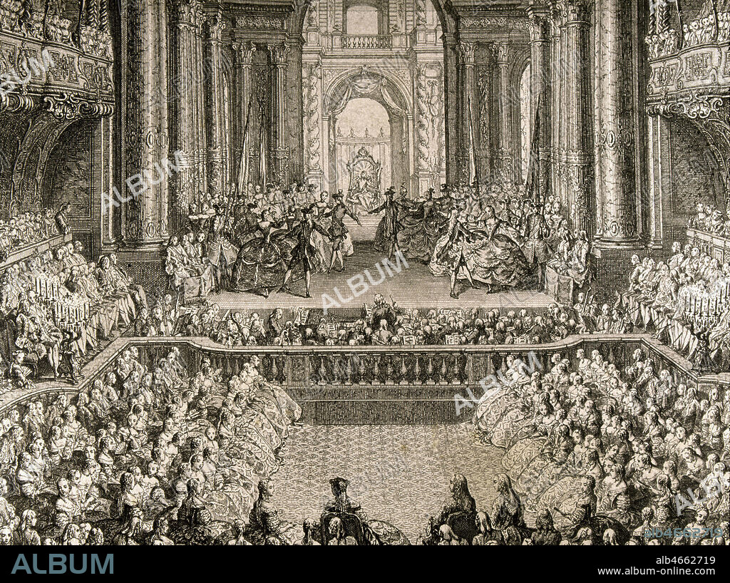 Representaton de la comedie-ballet 'La princesse de Navarre' de Jean-Philippe RAMEAU (1683-1767) sur un livret de VOLTAIRE (1694-1778) a l'occason du mariage du dauphin Louis et de Marie-Therese d'Espagne a Versailles le 23 fevrier 1745. Illustration de Charles-Nicolas COCHIN fils (1715-1790). Credit : Coll. Jean Vigne/KHARBINE-TAPABOR.