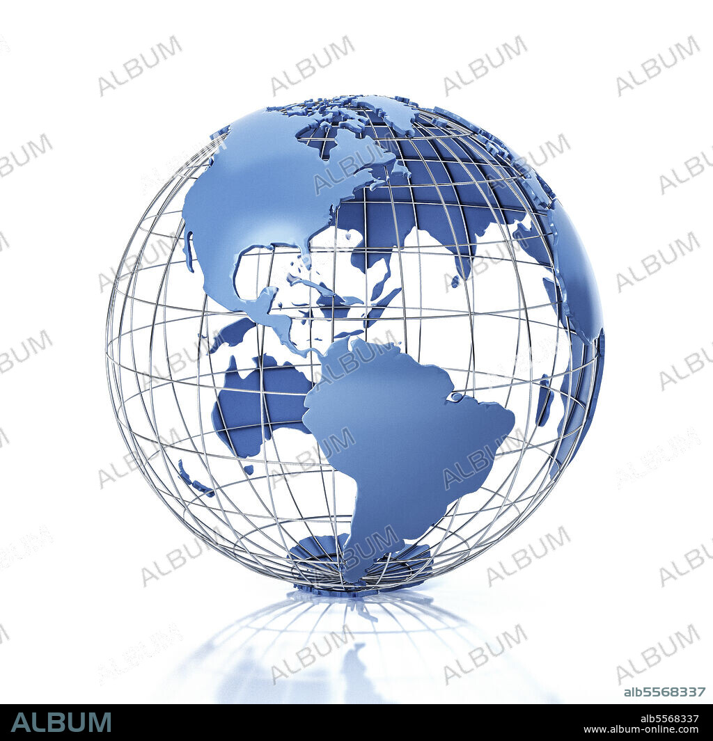3D stylized Earth globe with metal grid, Americas view with some reflection on the surface.