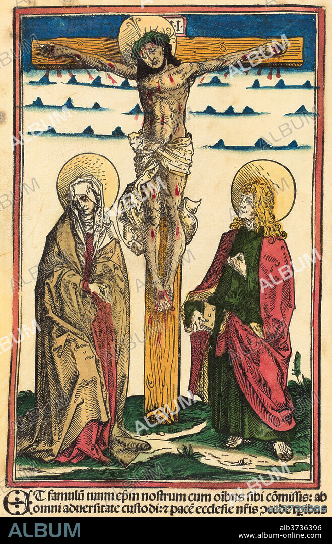 HANS BURGKMAIR I. Christ on the Cross with the Virgin and Saint John. Medium: colored woodcut on vellum.