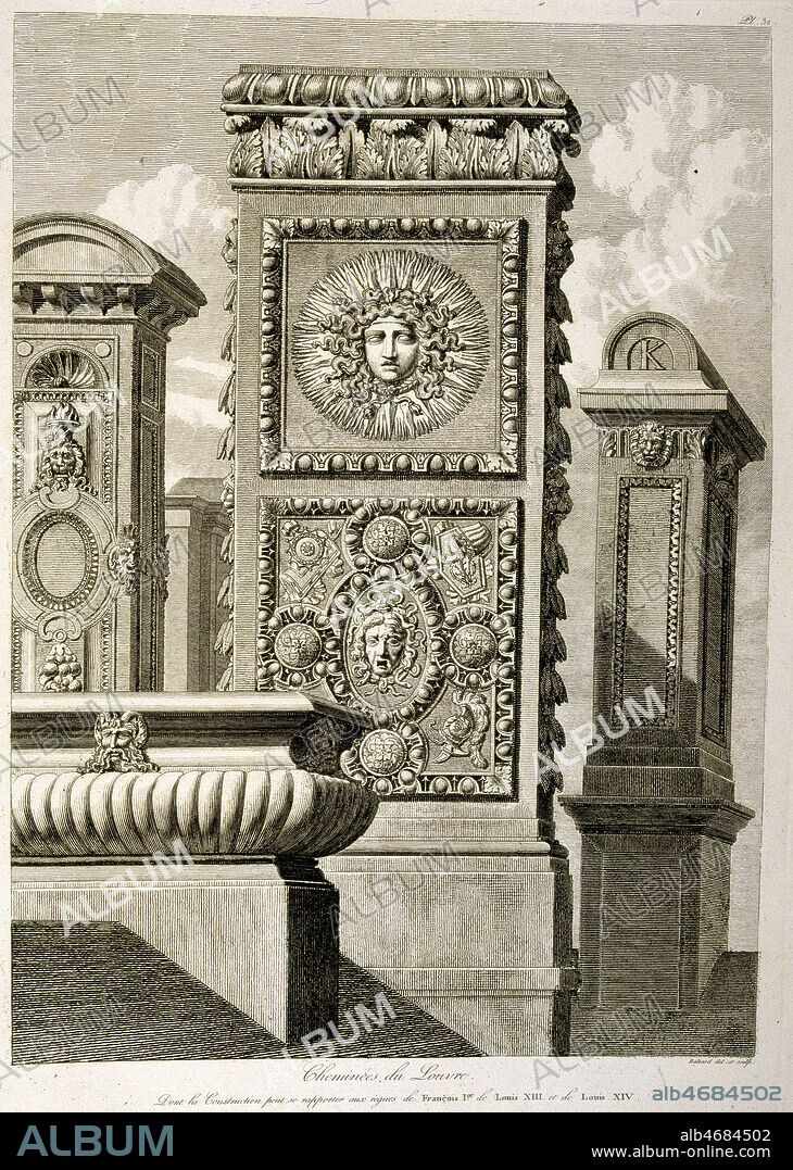 Cheminees du Louvre (construites sous Francois Ier, Louis XIII et Louis XIV). Illustration tiree de l'ouvrage de Louis-Pierre BALTARD 'Paris et ses monuments', edition de 1805. (19e, 19eme, XIXe s.) Credit : JEAN VIGNE / KHARBINE-TAPABOR.