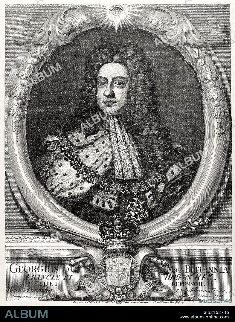 Jorge II de Gran Bretaña y Hannover (1683-1760). Rey de Gran Bretaña y de Irlanda, duque de Brunswick-Luneburgo (en Hannover), Príncipe elector del Sacro Imperio Romano Germánico desde el 11 de junio de 1727 hasta su muerte y duque de Bremen y príncipe de Verden (1727-60). Grabado. "Historia Universal".