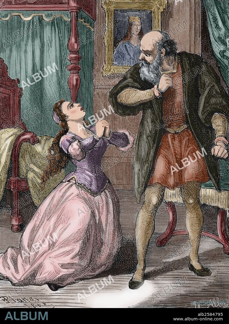 William Shakespeare (1564-1616). English writer. Romeo and Juliet. Juliet begs her father's pardon. Engraving by Planas, 1868. Colored.