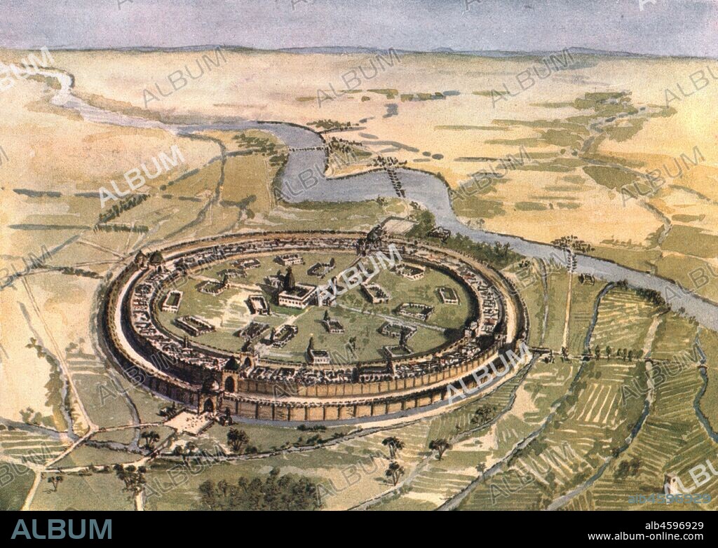 'Baghdad in the Days of Mansur', 1915. Aerial view of the walled city of Baghdad (modern-day Iraq) as it might have appeared in the 8th century AD. Al Mansour, now one of the nine administrative districts of the city, is named after Abu Ja'far al-Mansur (714-775 AD), the second Abbasid Caliph and founder of Baghdad. Painting by Edmund Sandars. From "The Caliphs' Last Heritage, a short history of the Turkish Empire" by Lt.-Col. Sir Mark Sykes. [Macmillan & Co, London, 1915].